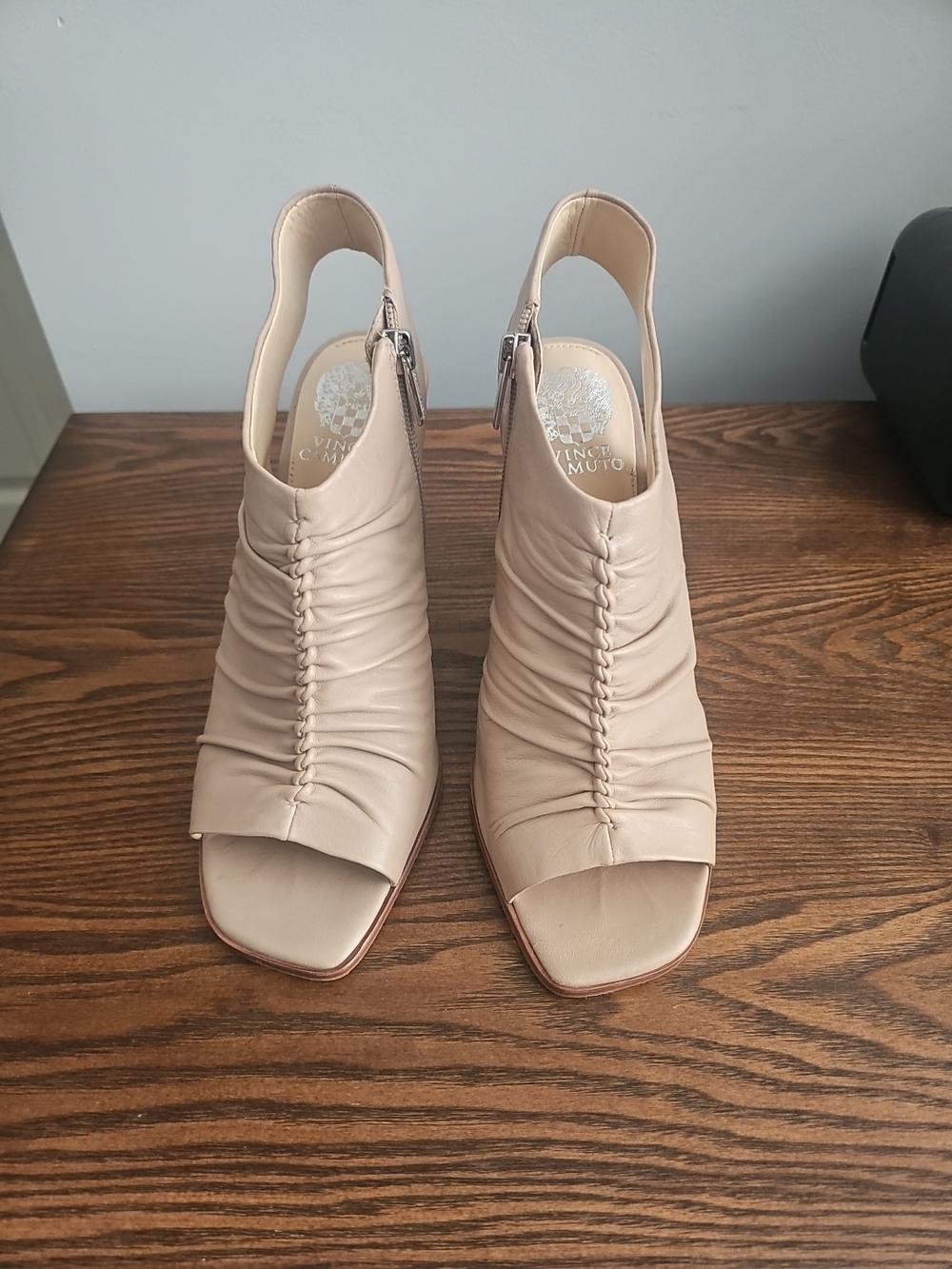 Vince Camuto Castland Nude Ruched Peep Toe Heel Booties
